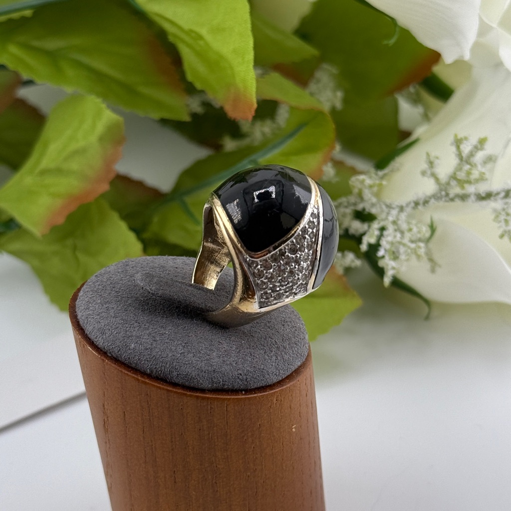 Vintage Panetta Black Onyx And Rhinestone Cocktail Ring Size 7